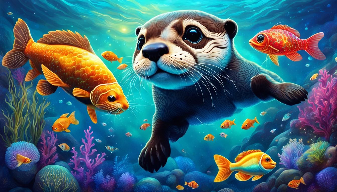 Playful Otter Cub Underwater: Cosmic Illustration