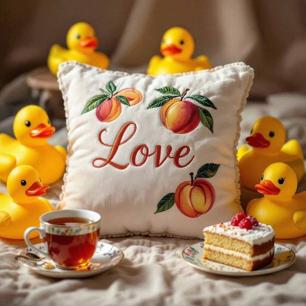 Whimsical Cushion with Peaches and Ducks in Warm Studio Ligh...