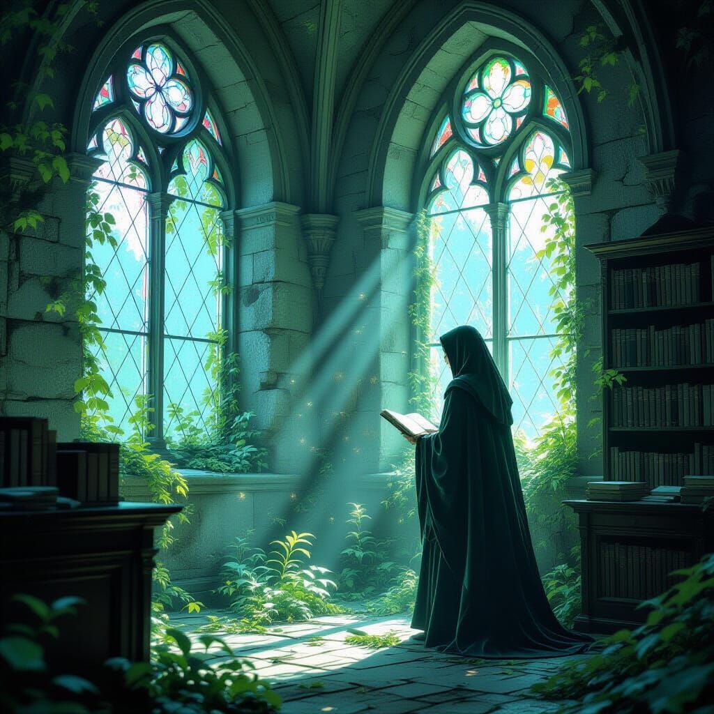 Solitary Librarian Amidst Bioluminescent Flora