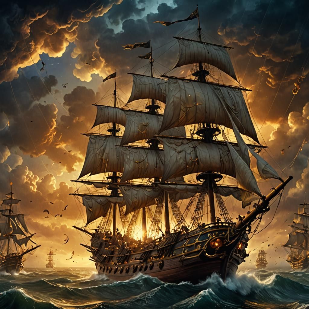 Pirates Sailing a Spelljammer Ship in Stormy Sky