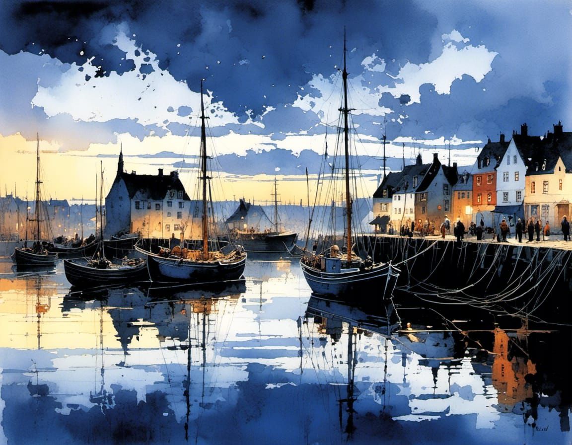 Ethereal Danish Fishing Harbor Illuminated by Golden Evening...