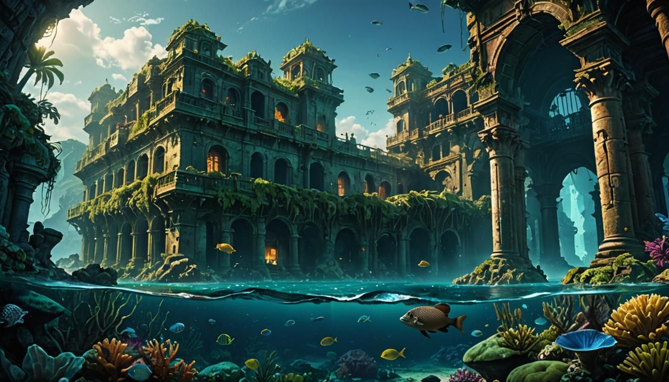 The lost city of Atlantis, deep at the bottom of the ocean, in ruins, water weeds grow, eerie glow illuminates the scene...