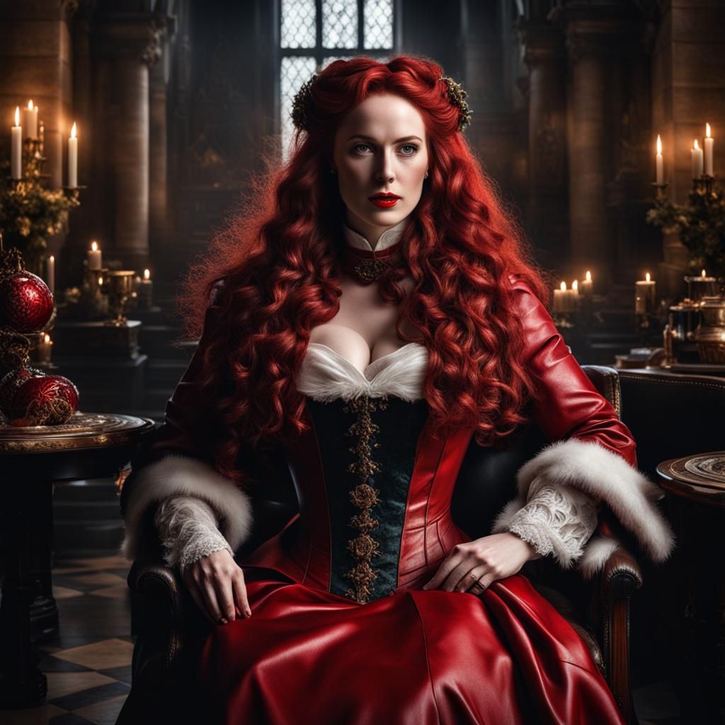 Young Woman in Red Gown: Hyperrealistic Christmas Portrait