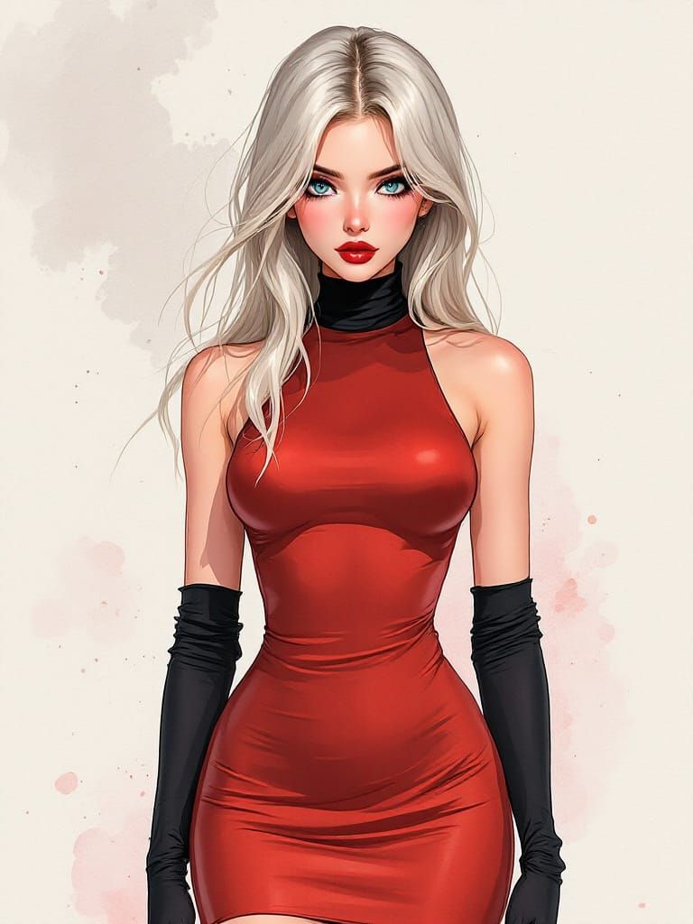 Anime Woman in Red Dress with Watercolor Background