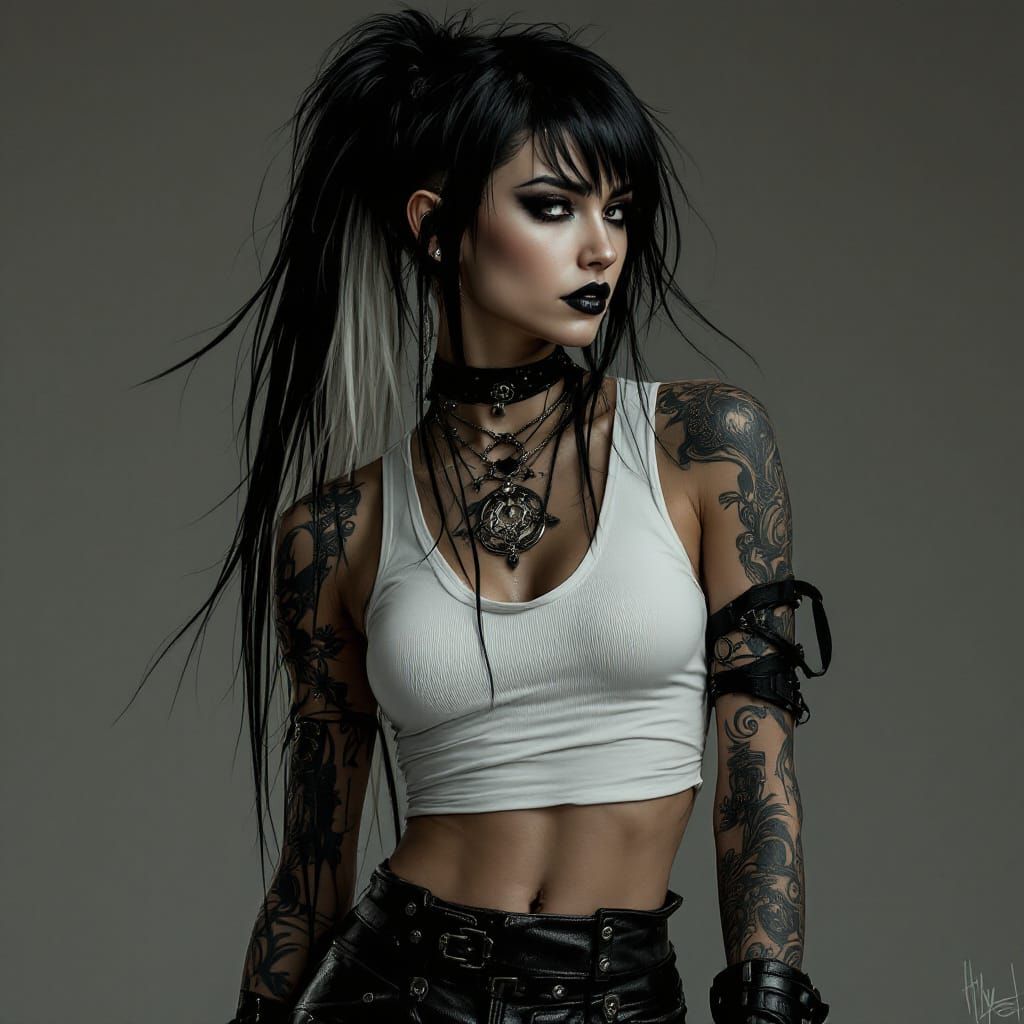 Striking Woman with Wolf Cut and Tattoos