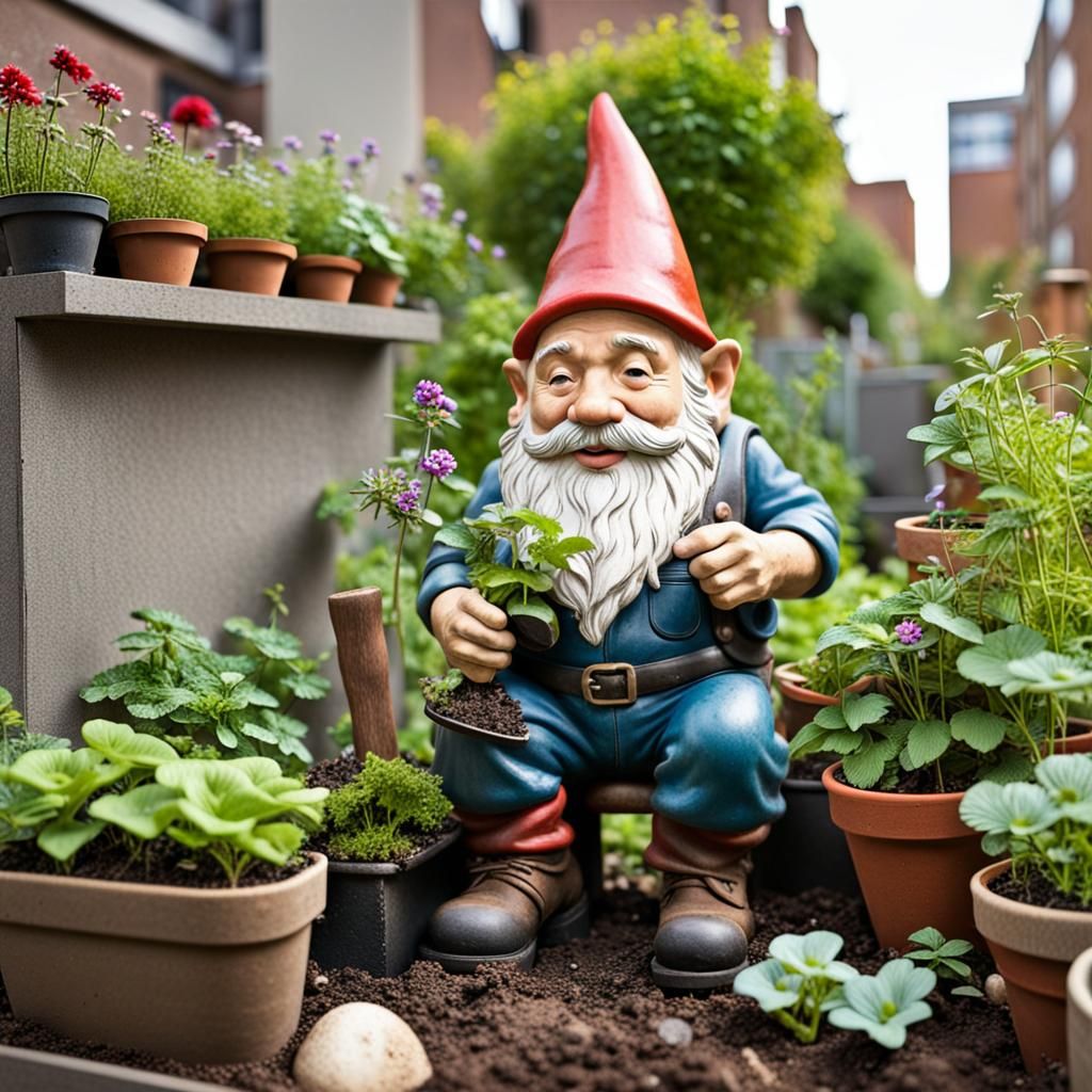 garden gnome tending an urban garden