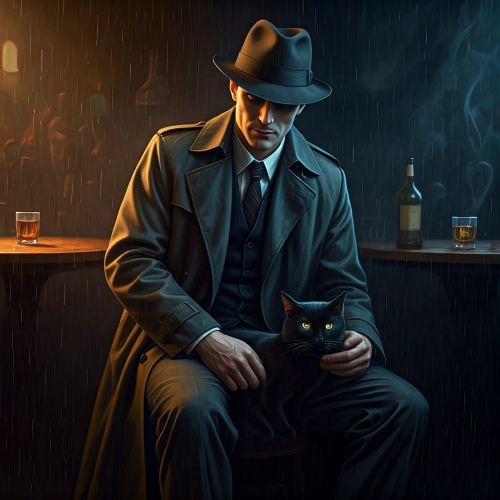 Moody Detective in Speakeasy, Petting Sleek Black Cat