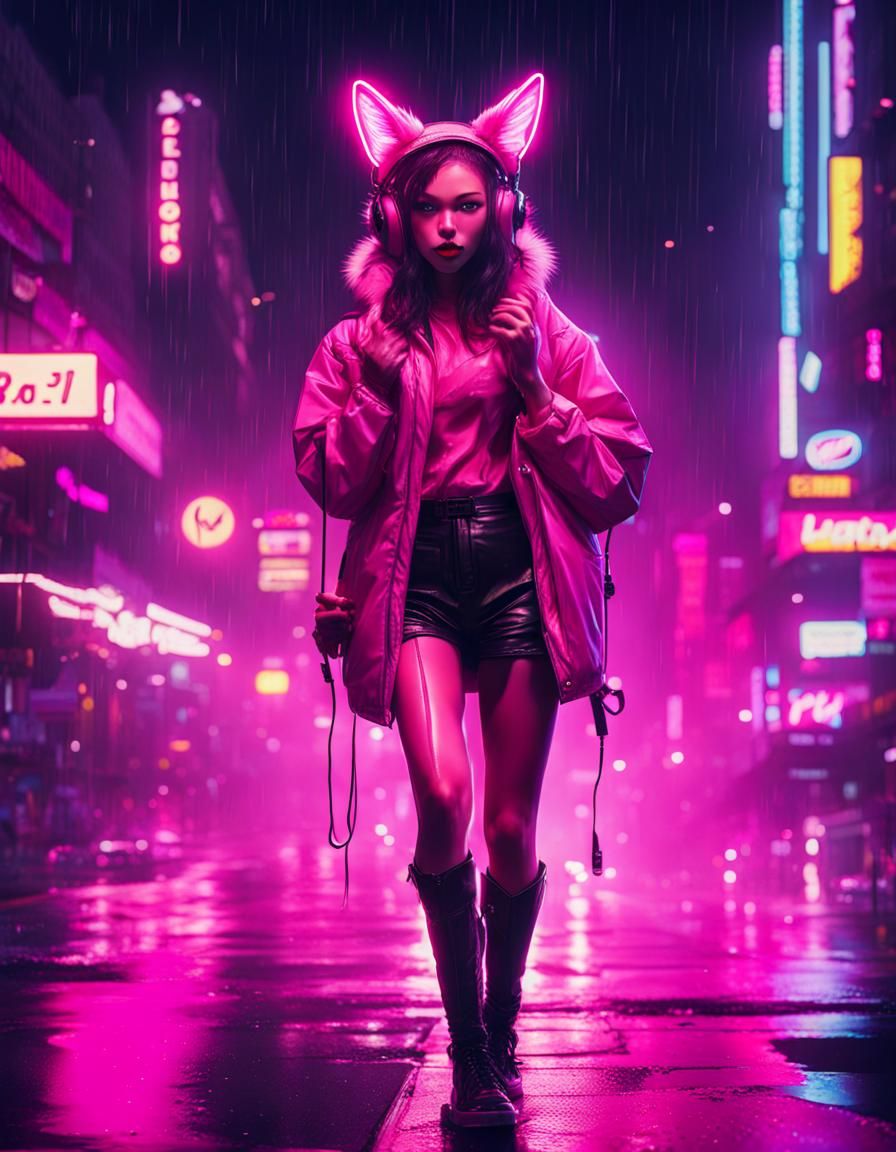 Cyberpunk Fox-Eared Woman in Neon Rain