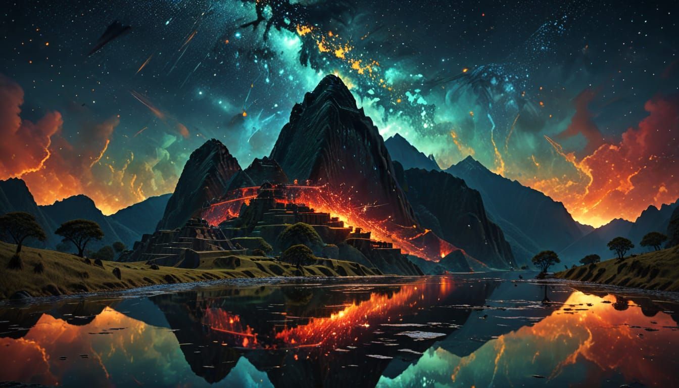 Surreal Cosmic Seascape with Dripping Gold Stars and Red Pla...