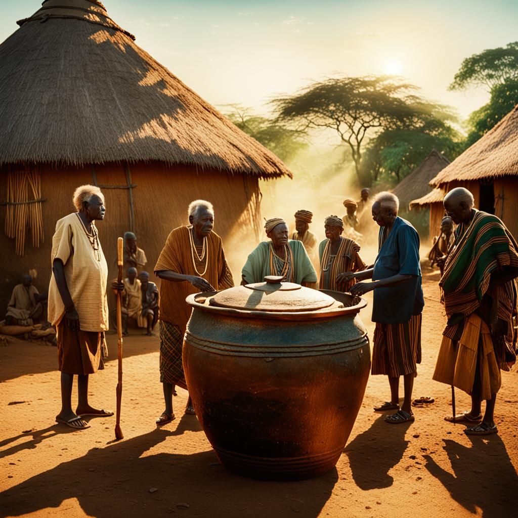 traditional elders in an African village around a giant liqu...
