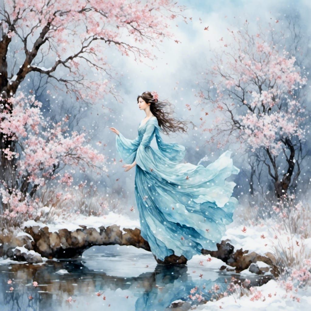 Cherry Blossoms in Snow with Ice Blue Fairy