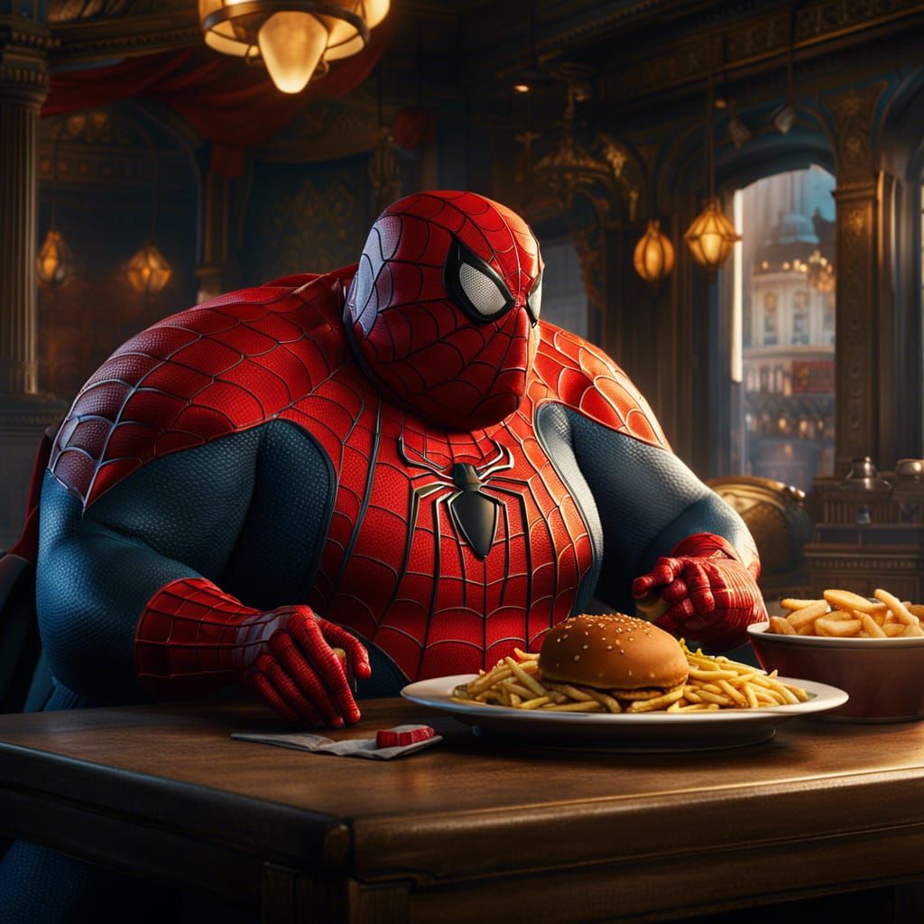 Fat Spiderman Eating Fast Food: Detailed Matte Painting