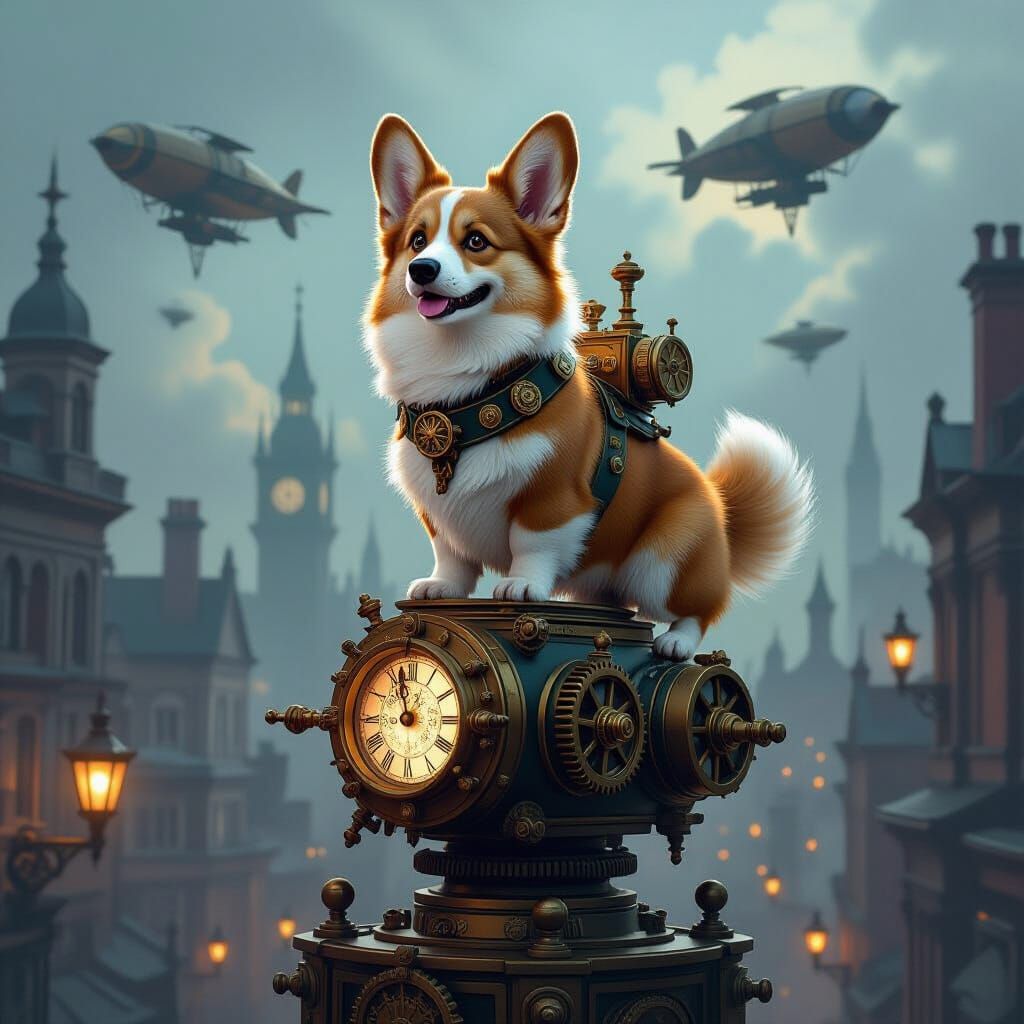 Clockwork Corgi on Steam Automaton in Victorian City