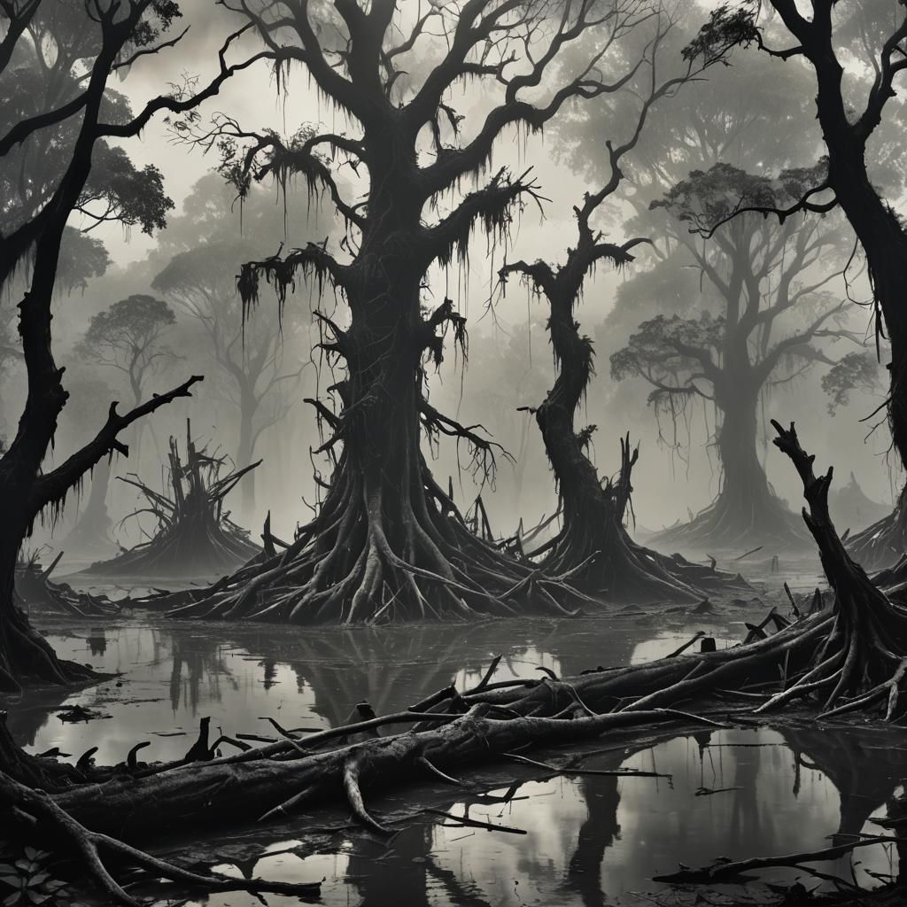 Eerie Flooded Jungle Swamp Charcoal Illustration