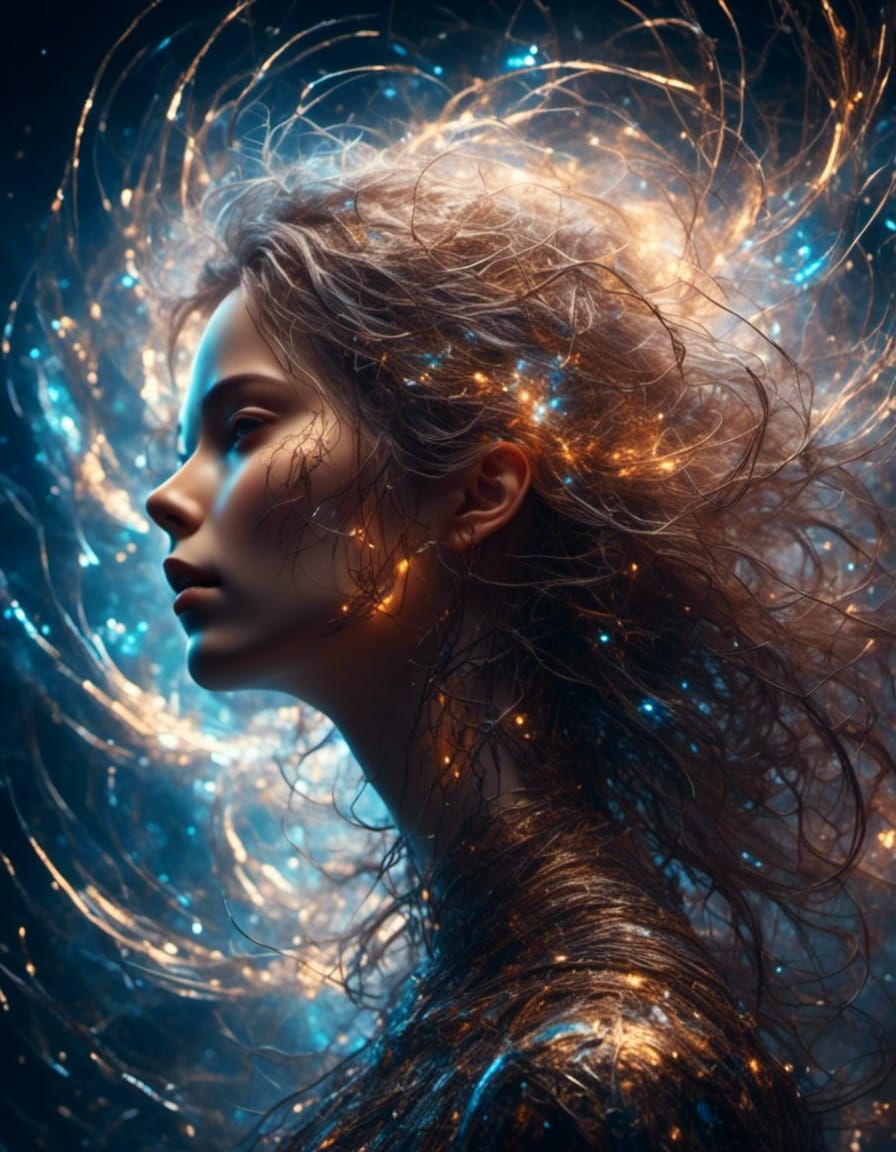 Woman in Profile with Galactic Background in Cyberpunk Style