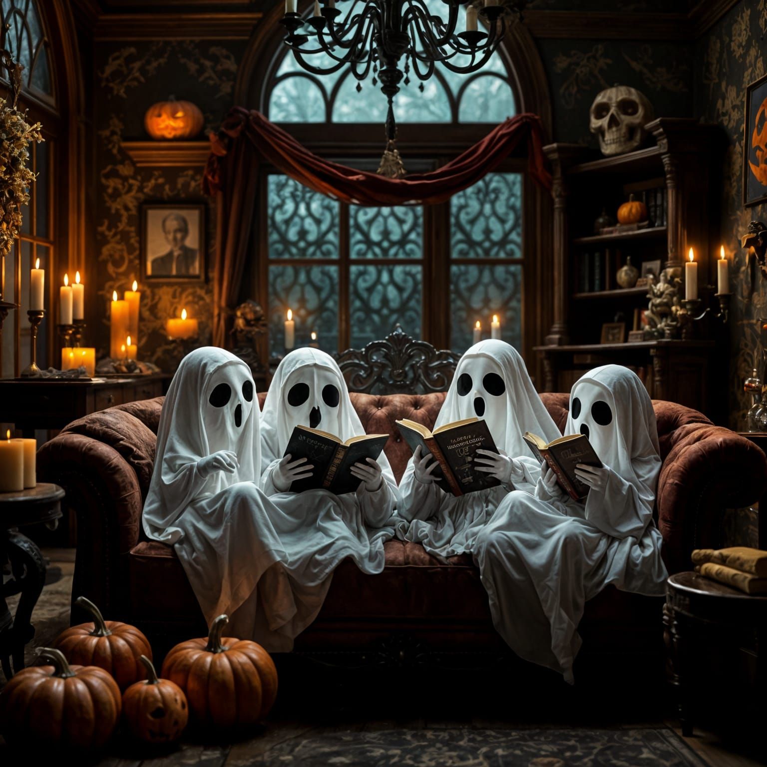 Ghosts Reading in Victorian Halloween House