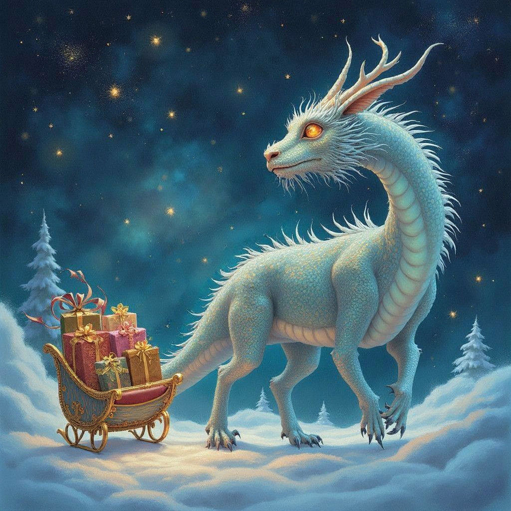Dragon Pulls Santa's Sleigh in Winter Sky