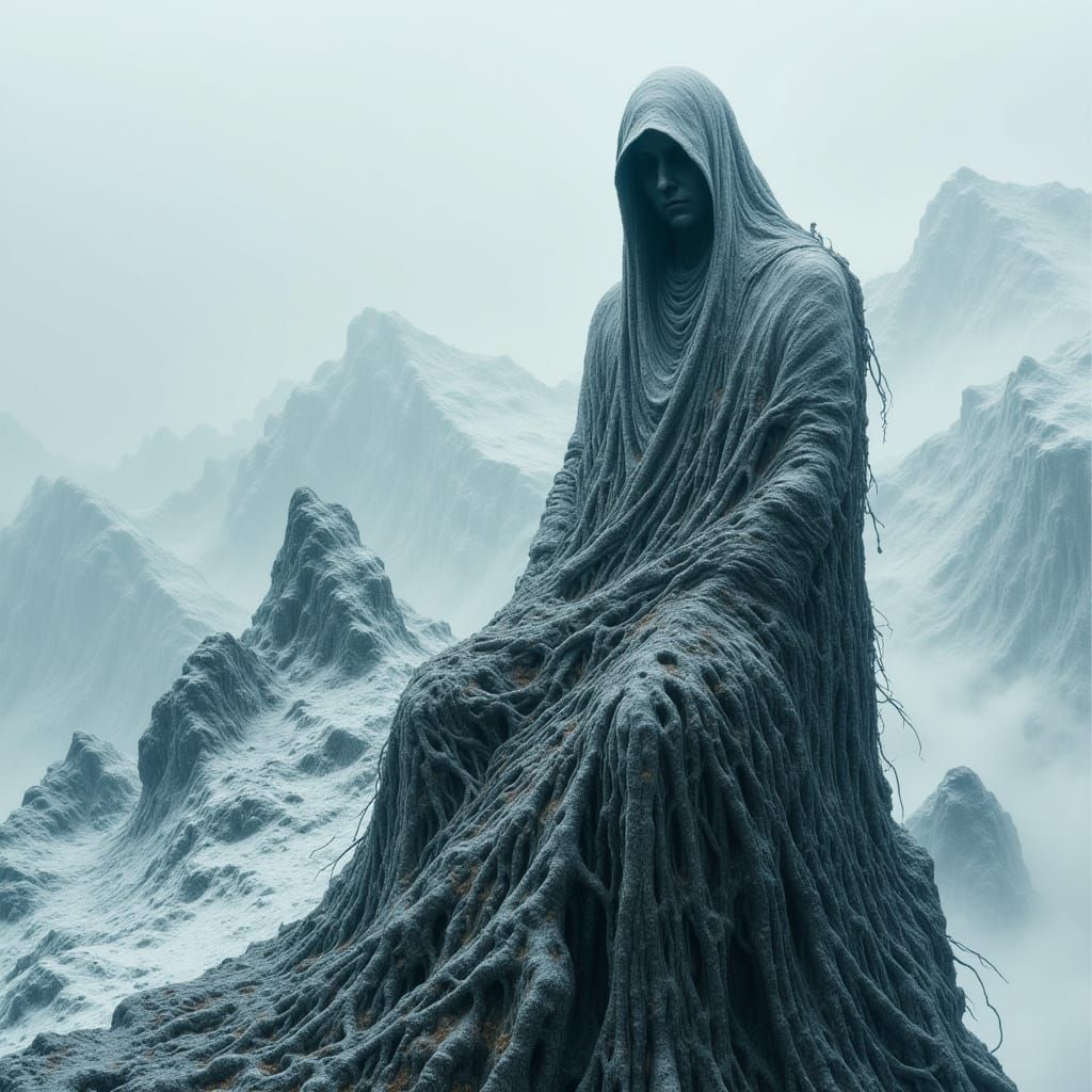 Lone Figure Merges with Mountain Landscape in Surreal Scene