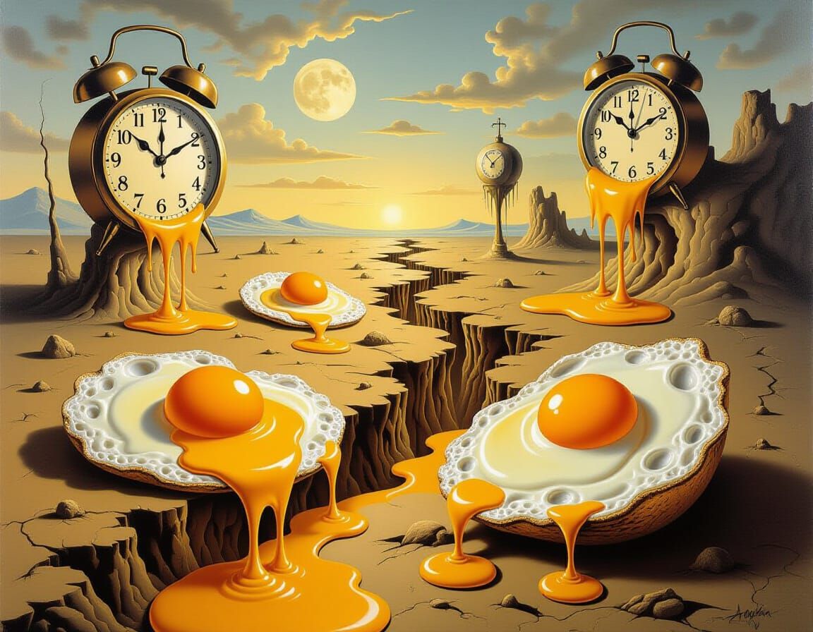 Surrealist Oil Painting of Melting Forms with Fried Eggs