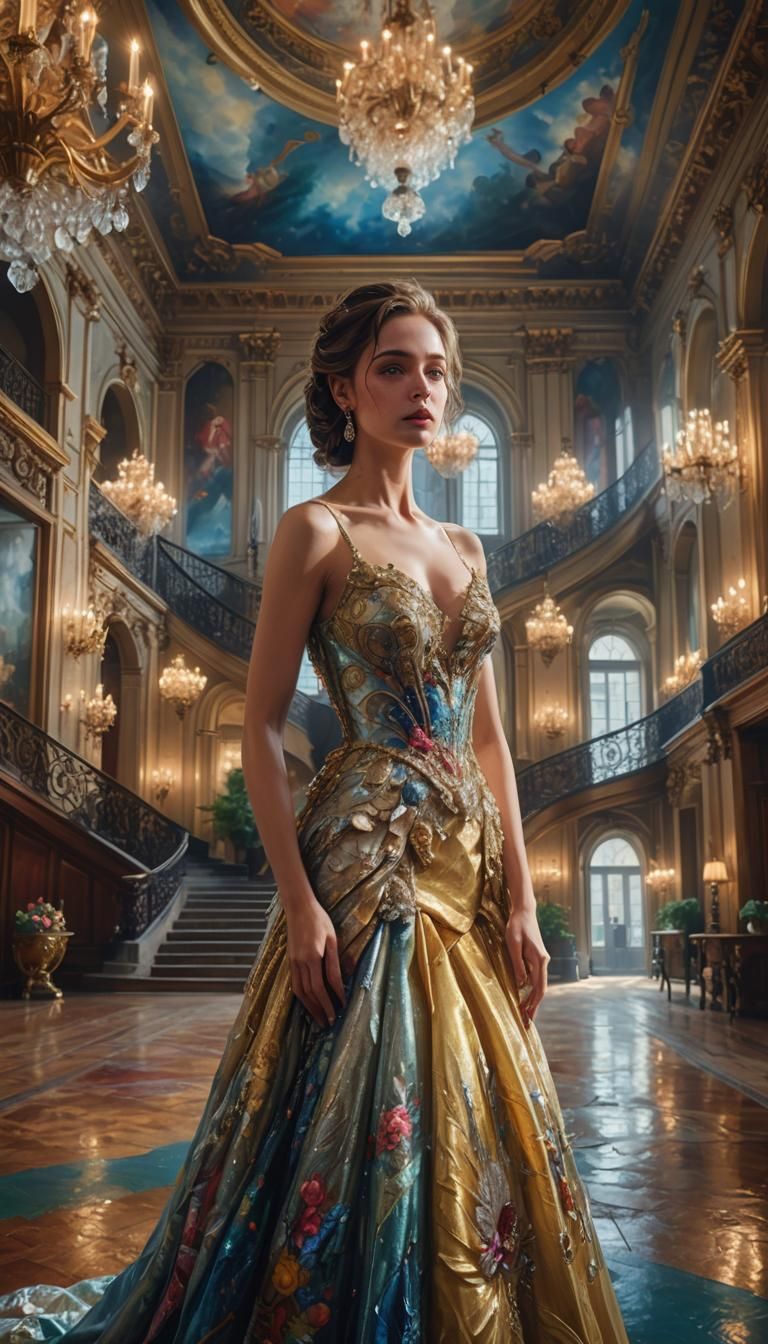 Woman in Gown in Grand Mansion Hall