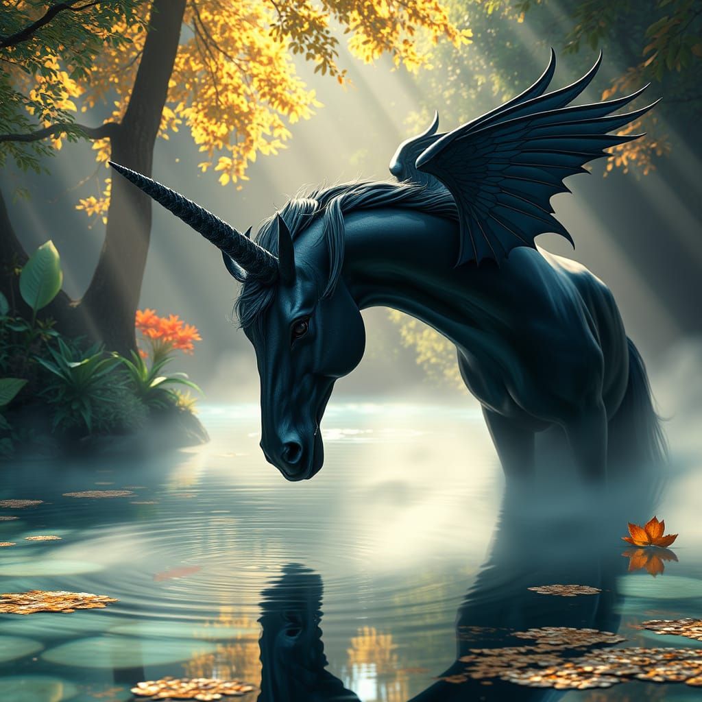 Majestic Gothic Unicorn Drinks from Serene Pond
