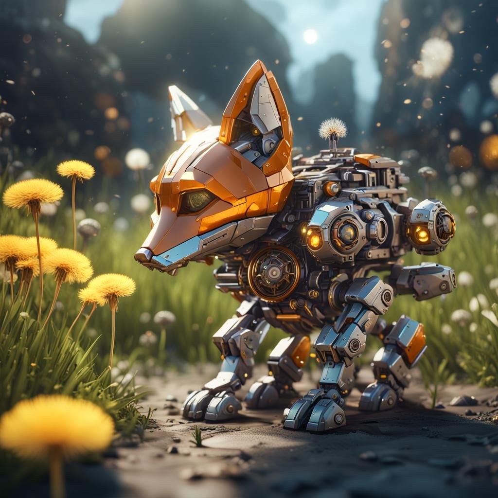 Fox with Dandelion in Sci-Fi Mechanical Style