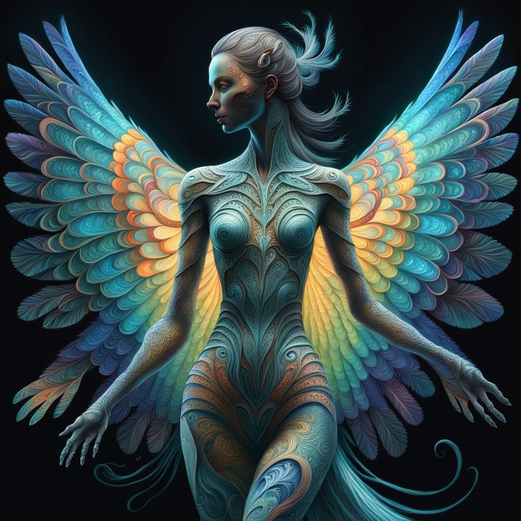 Hybrid Bird Woman with Fractal Patterns