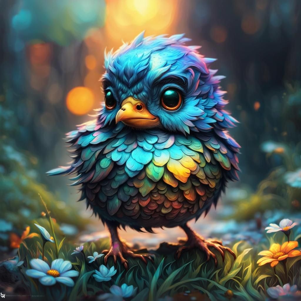 Iridescent Chibi Bird Chick in Fantastical Painting