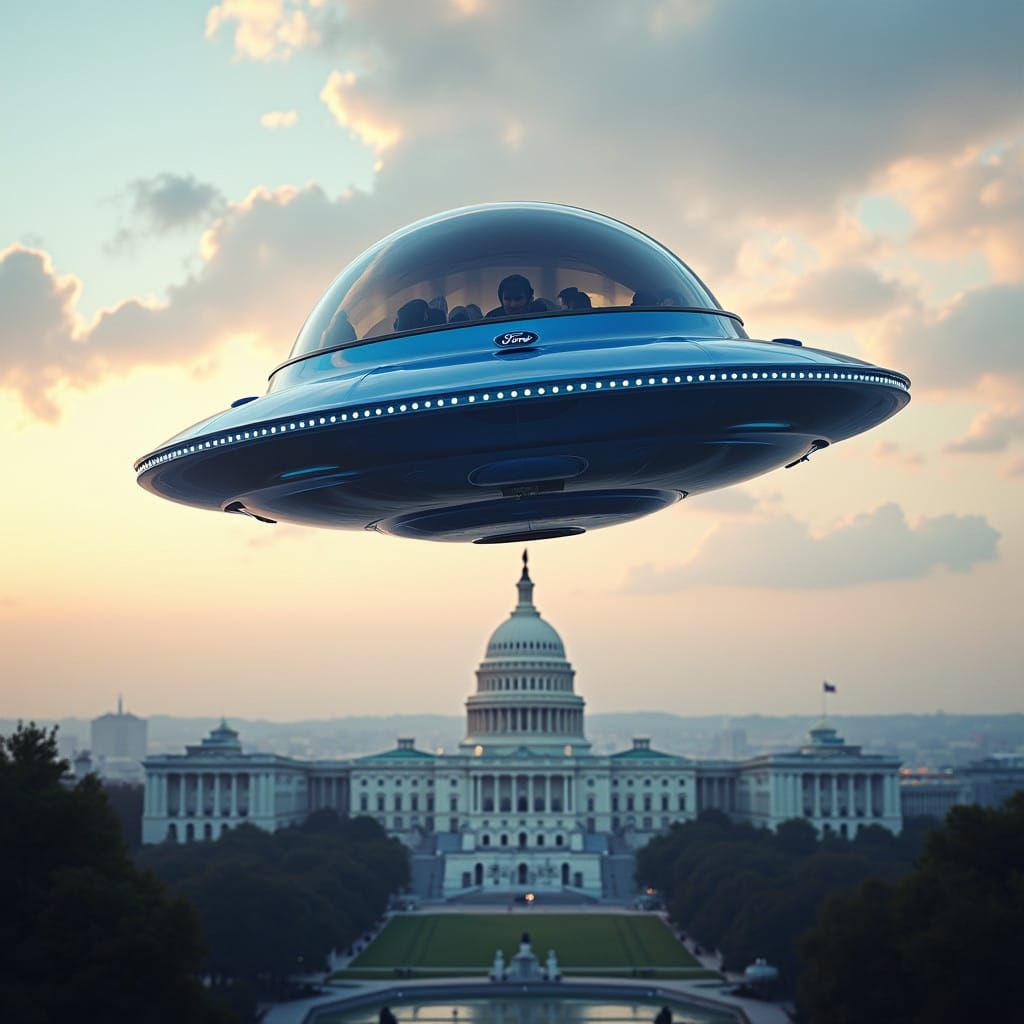 Futuristic Flying Saucer Soars above the American Capital in...