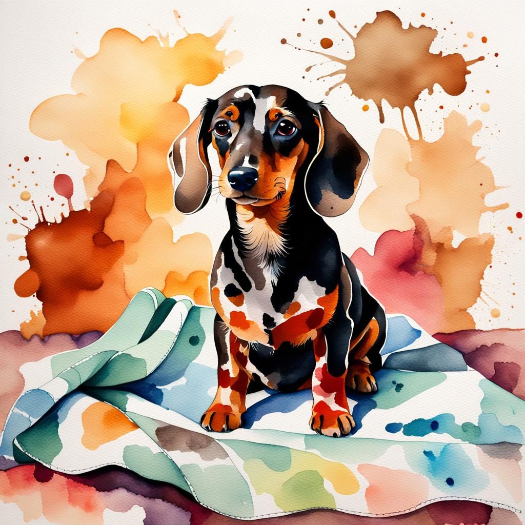 Whimsical Watercolour of Dachshund with Toy