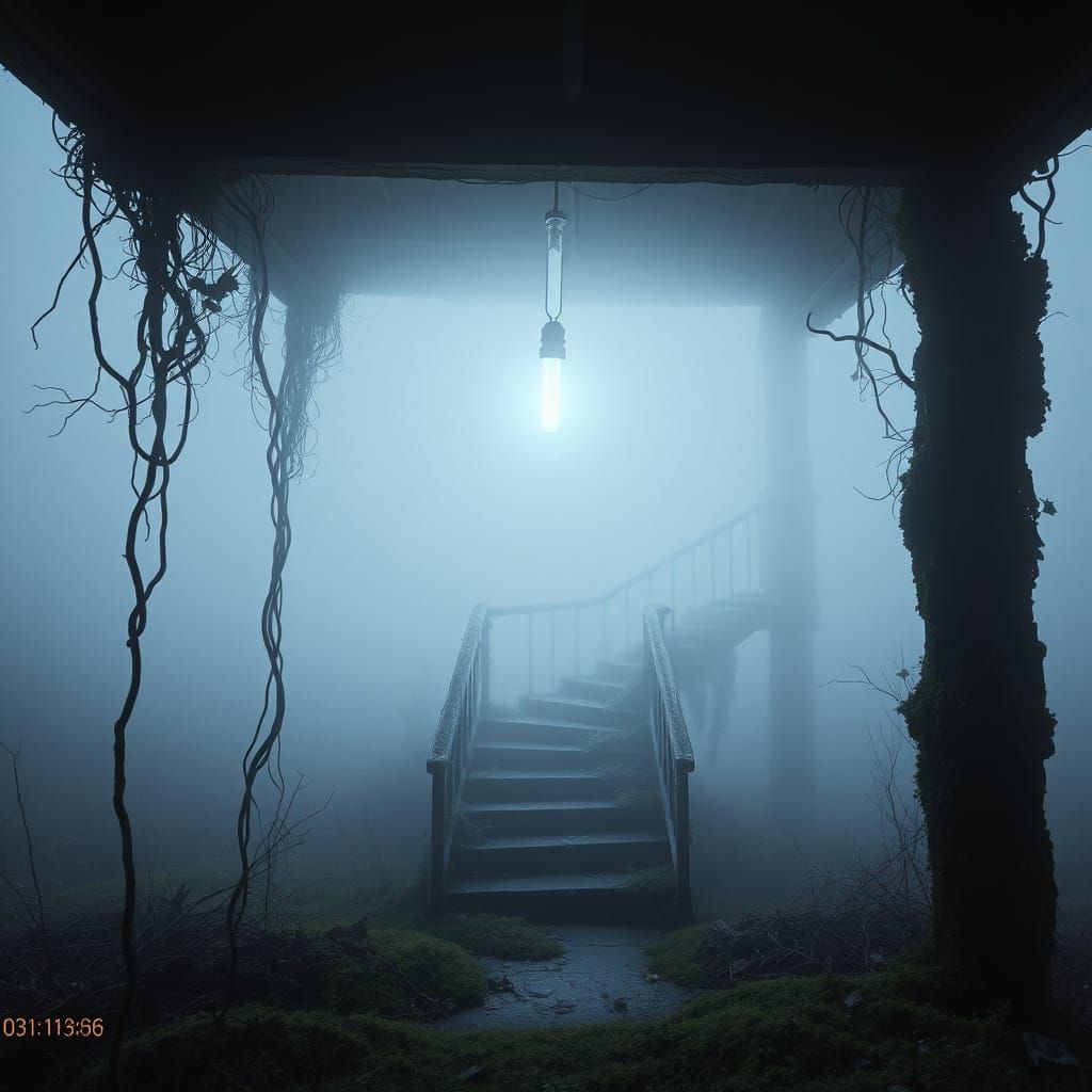 Eerie Stairwell in Fog: Analog Horror Dreamscape