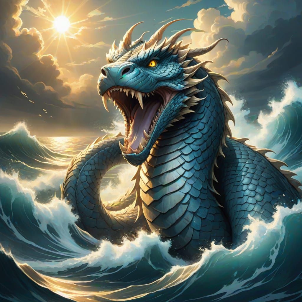 Majestic Norse Serpent Rises from the Ocean in Detailed Line...