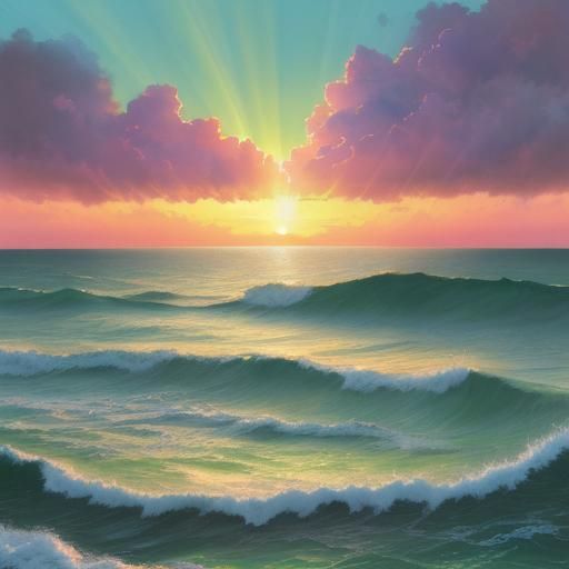 Vibrant Sunset Over Ocean: Gouache Watercolor Painting
