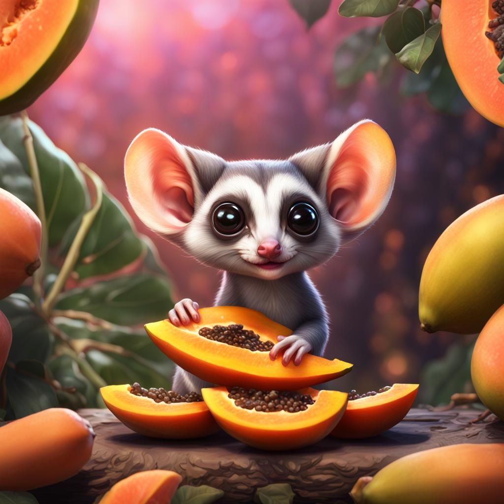 Cute Sugar Glider with Papaya, Detailed Matte Painting