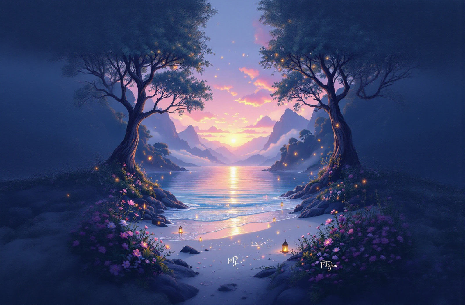 Enchanted Seascape at Sunset with Magical Trees
