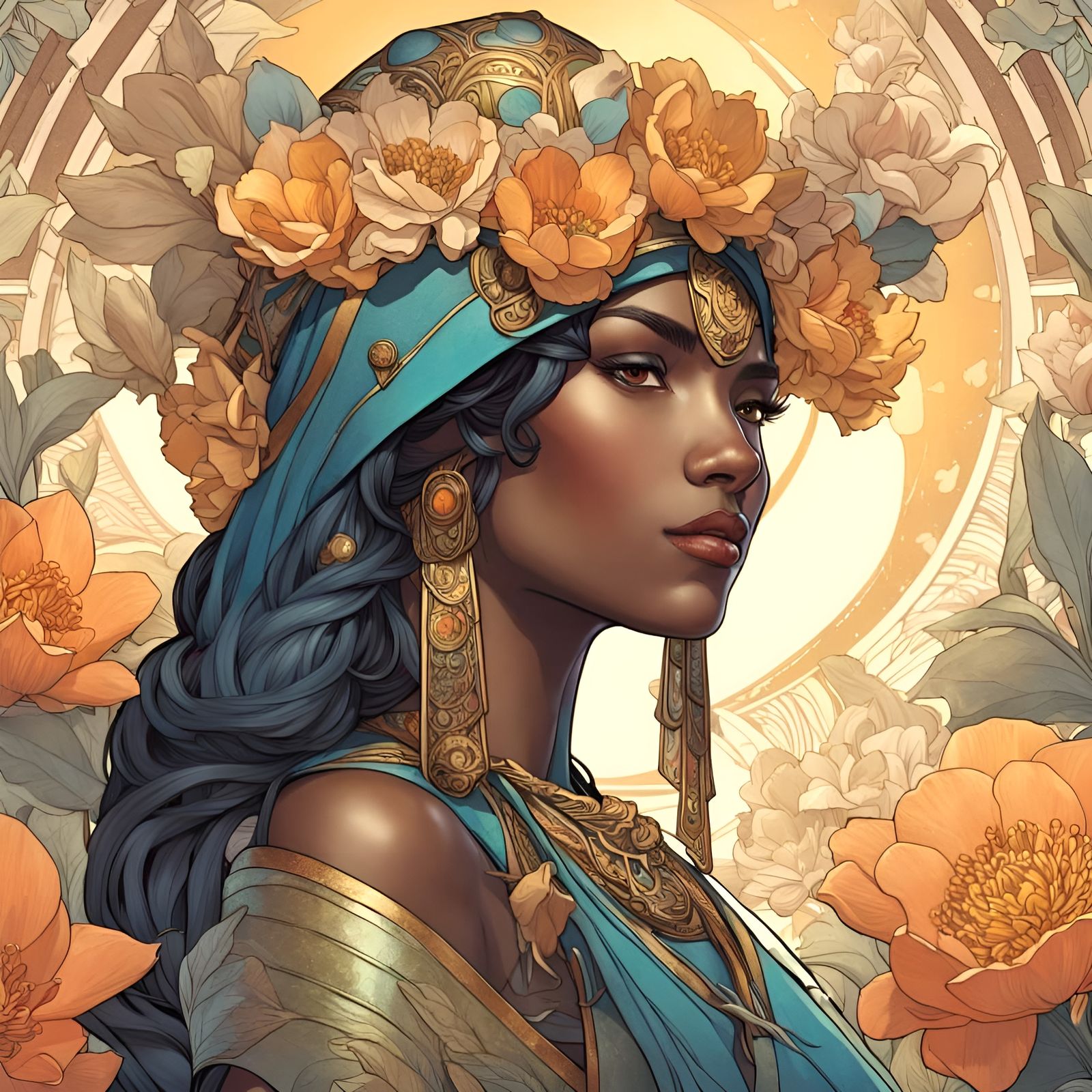 Goddess Isis with Lotus Flowers in Art Nouveau Style