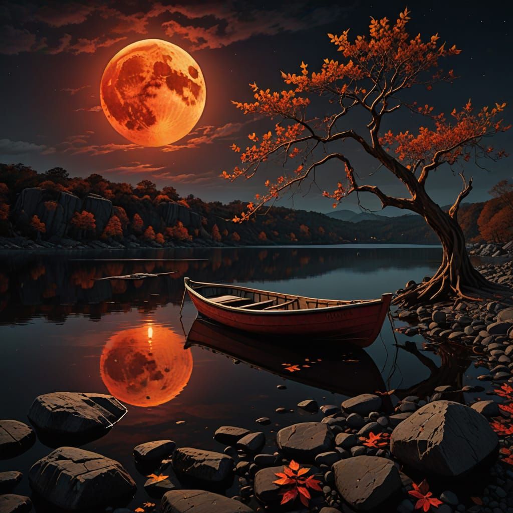 Crimson Golden Moon Rises Over Mirror Lake
