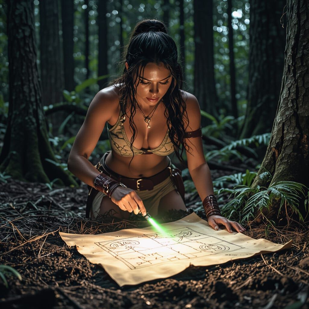 Woman Carving Map in Forest with Laser