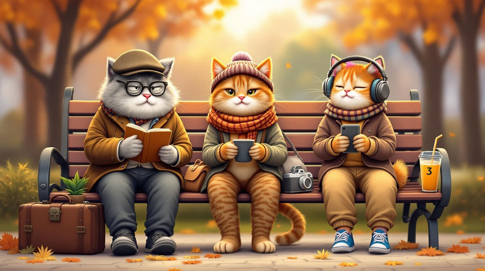 Cats Embodying Generations on Park Bench in Cartoon Realism