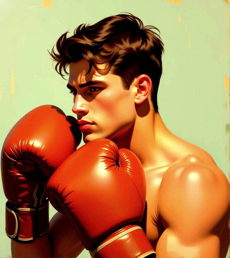 Impressionist Painting of Determined Young Boxer Ready for F...