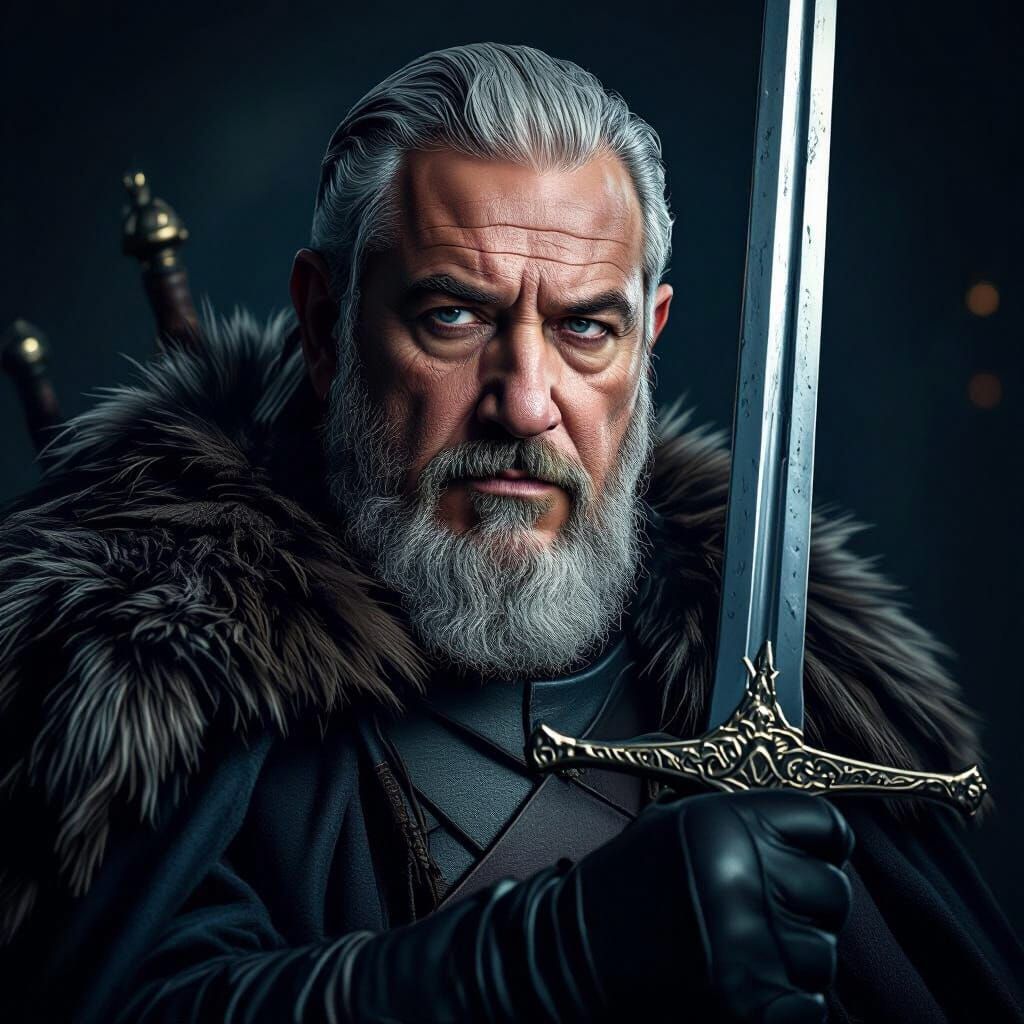 Netanyahu as Ned Stark Holding Sword in Fantasy Art Style