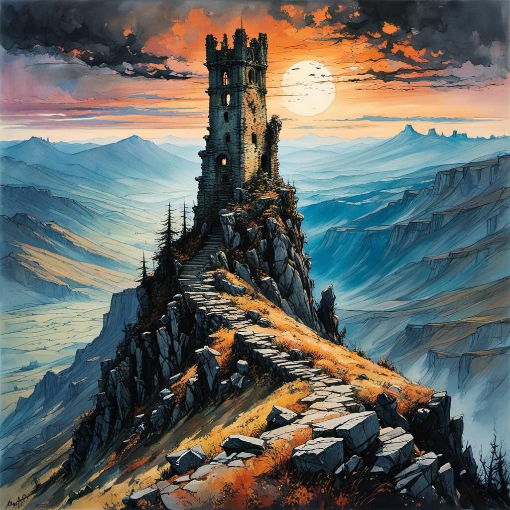 Mountain Tower in Evening Light: Rackham-esque Art