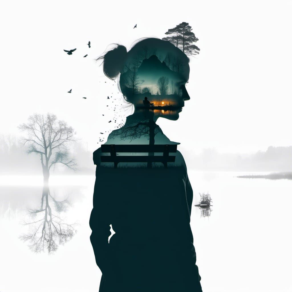 Double Exposure Girl Silhouette and River Panorama