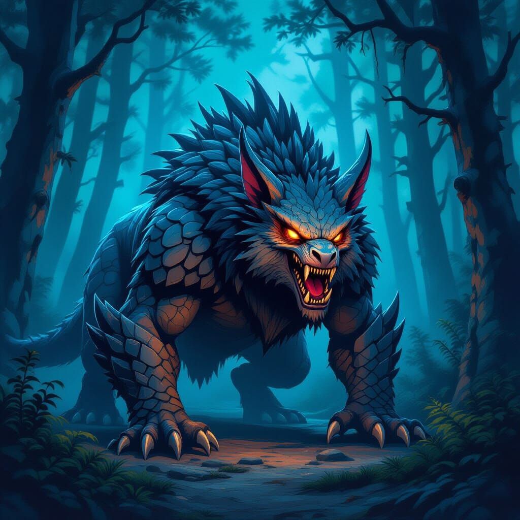 Fearsome Scaled Beast in Dark Mystical Forest