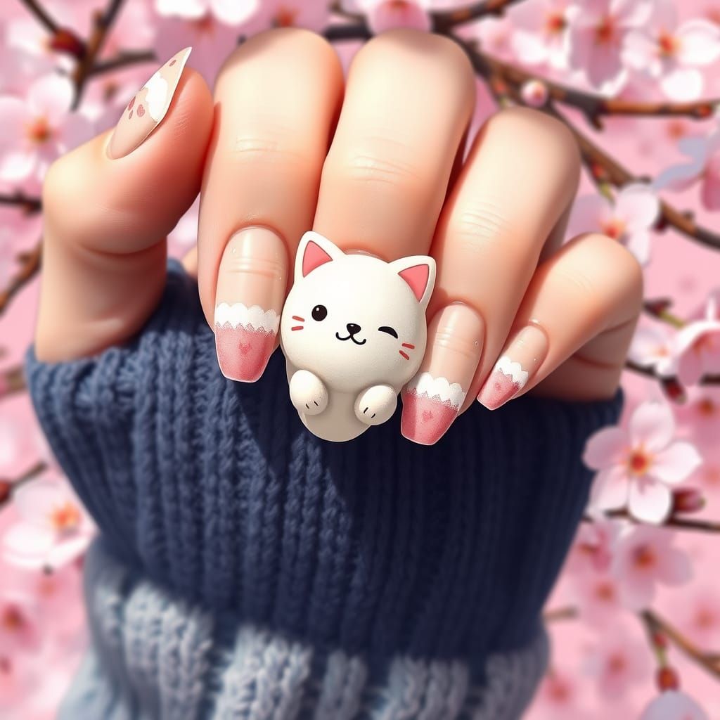 Charming Mochi Cat Nail Art in Blossoming Cherry Blossom Bac...