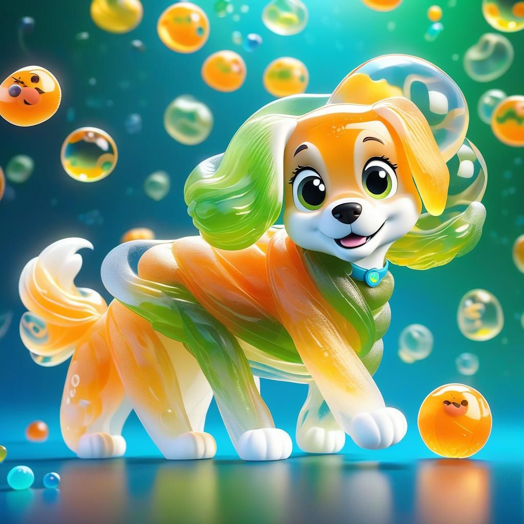 Orange Jelly Dog Playing Ball, Pixar Style