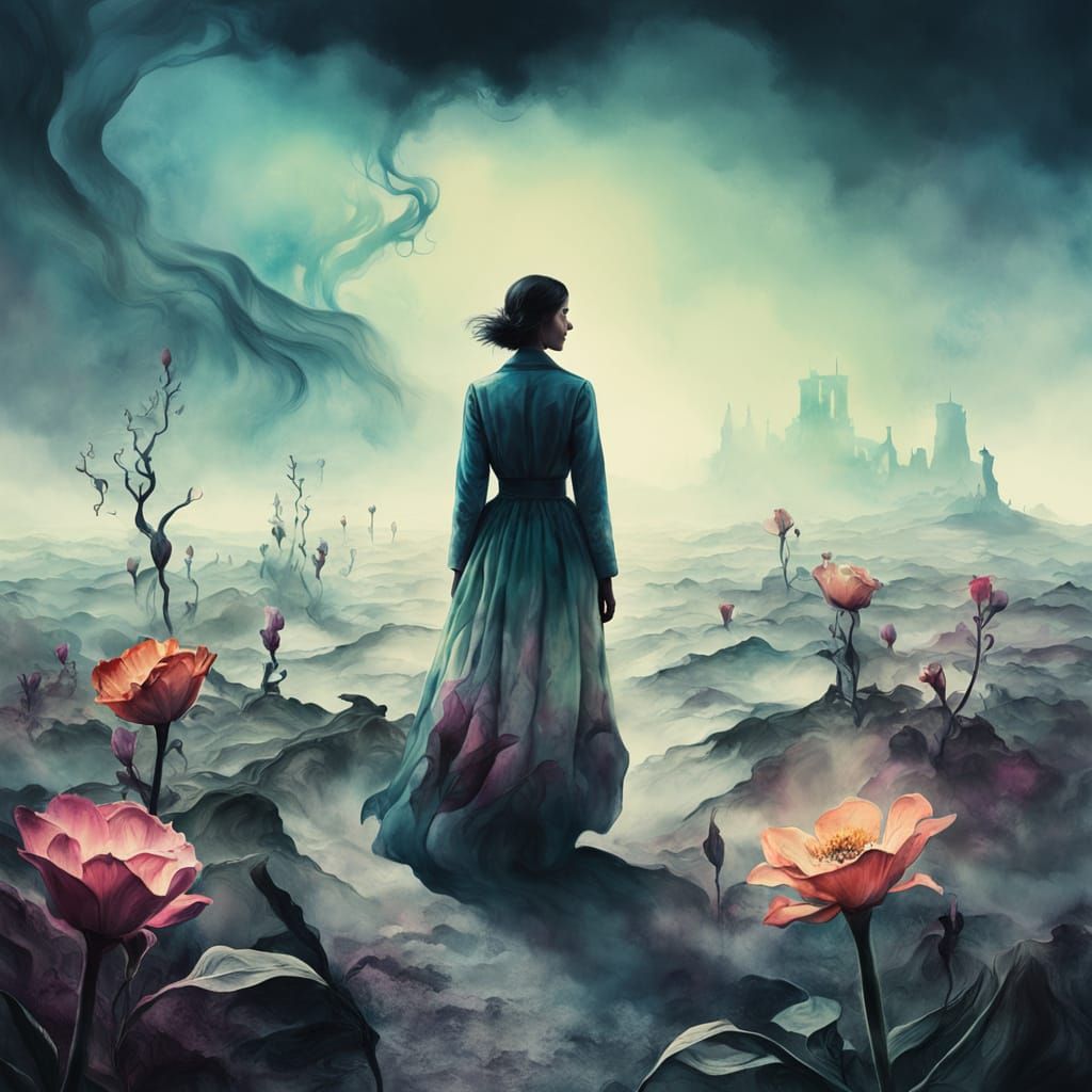 Surreal Woman in Desolate Landscape, Ink-Wash Style