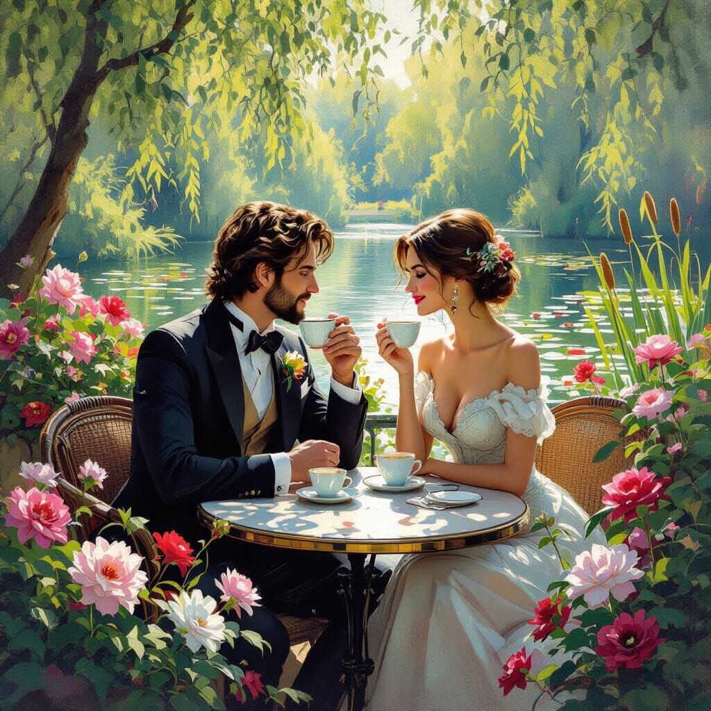 Elegant Couple at Cafe, Impressionistic Summer Day