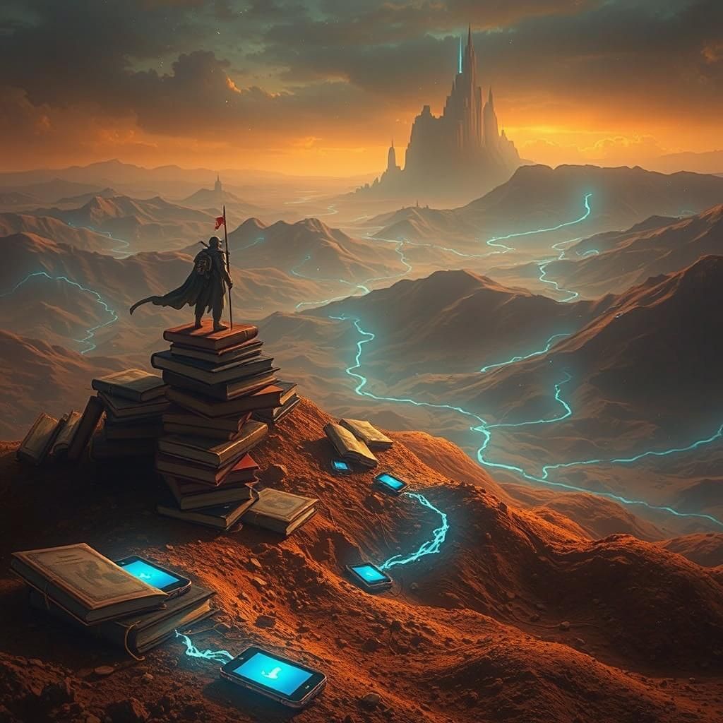Surreal Book Landscape with Rivers of Light
