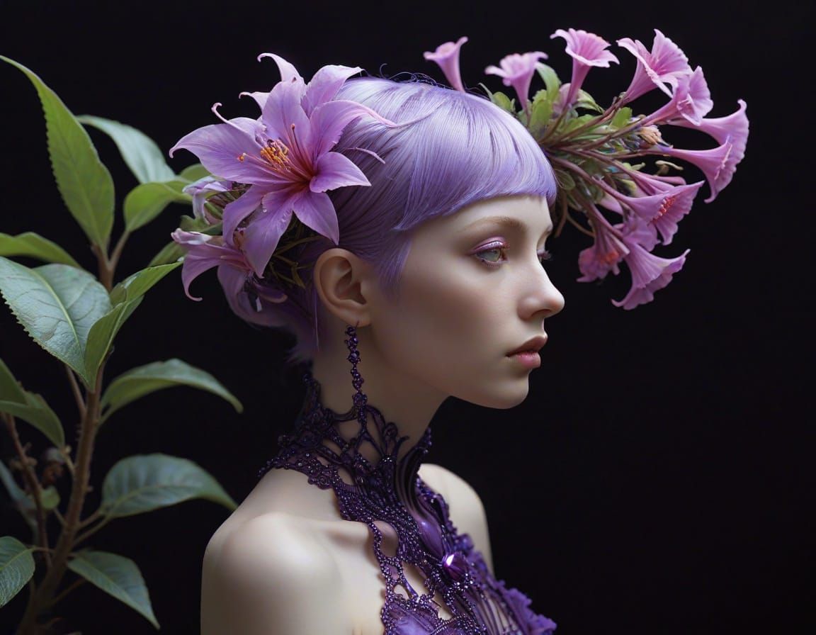 Ethereal, Petite Mauve-Haired Woman in a Fractal Floral Envi...